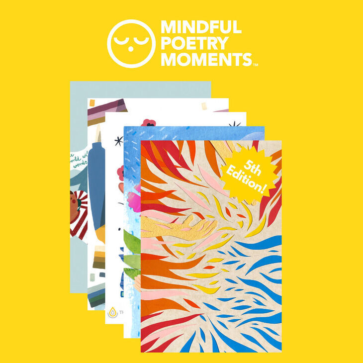 A graphic design with five books layered on top of each other, with a white Mindful Poetry Moments logo at the top.