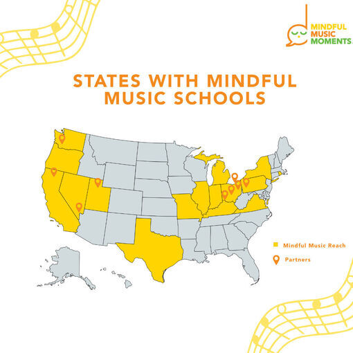 A map of the United States showing the reach of Mindful Music across 16 states.