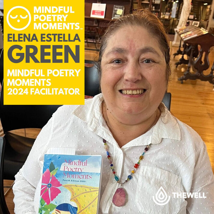 Photo of Elena Estella Green holding a Mindful Poetry Moment book