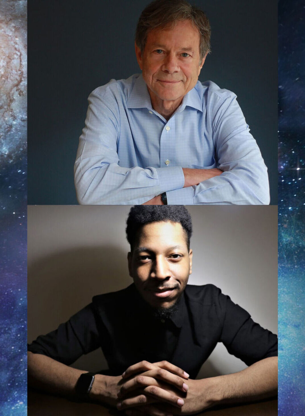 Photos of Alan Lightman and Brian Raphael Nabors on a background of space.