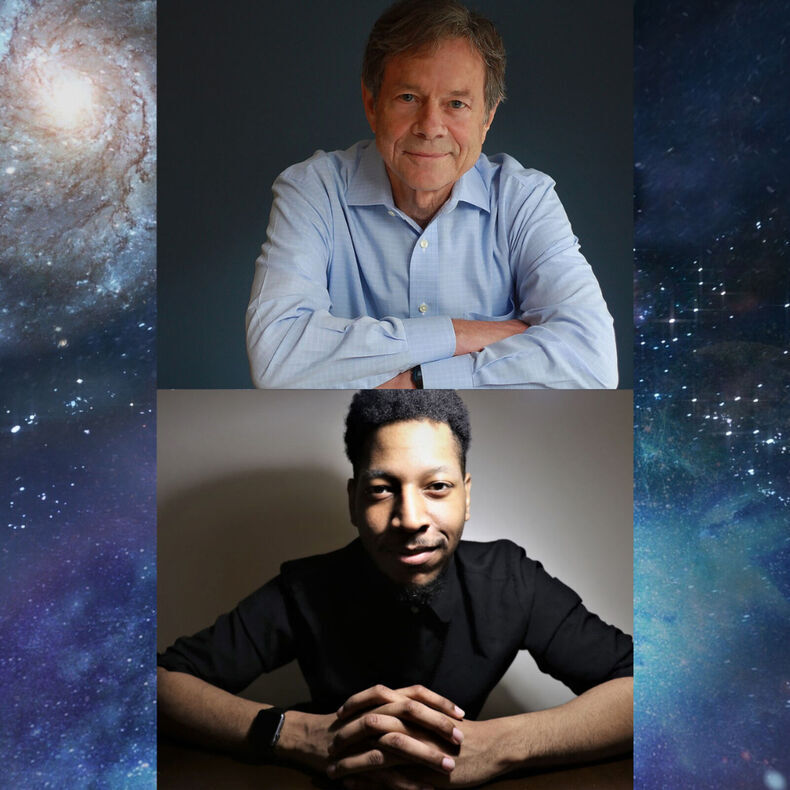 Photos of Alan Lightman and Dr. Brian Raphael Nabors in front of a space background.