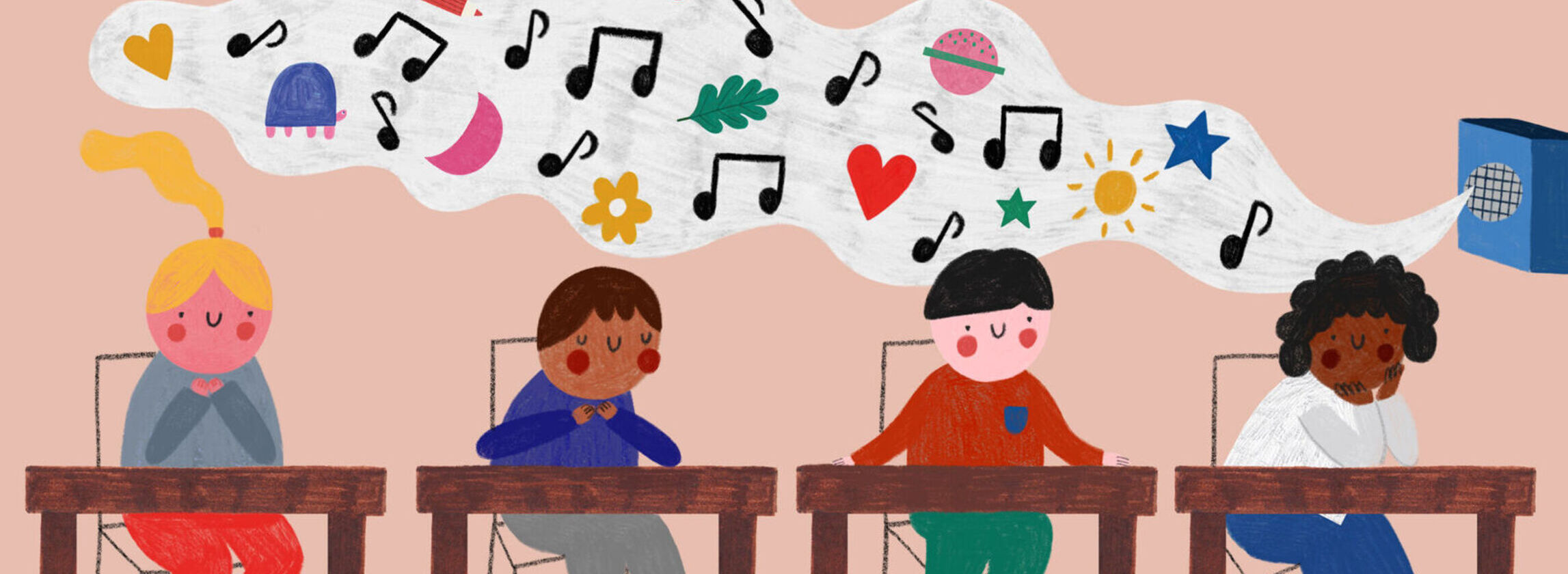 A colorful pencil illustration of four students sitting at their desks. A white cloud of sound, represented by music notes and child-like objects, floats out of a PA speaker above their heads.